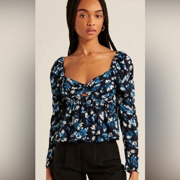 Abercrombie & Fitch Tops - Abercrombie and Fitch Long Sleeve Sheer Babydoll Twist-Front Top Floral Blue